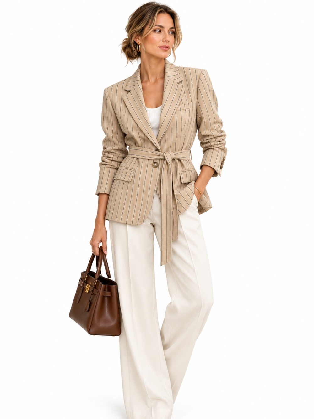 Ralph Lauren Wool Blend Pinstripe Belted Blazer Tan Size 10 Old Money Heritage
